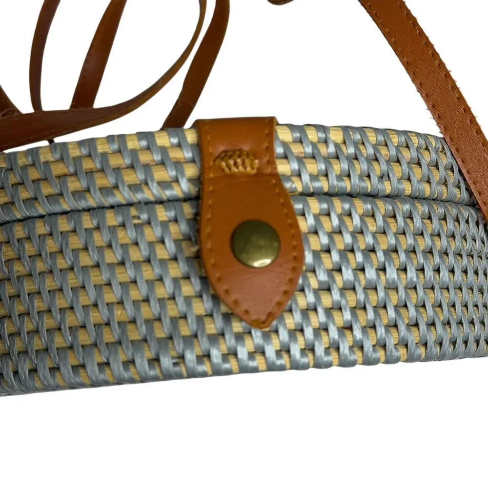 Round Rattan Wicker Purse Shoulder Bag Cross Body Shoulder Blue Tan
